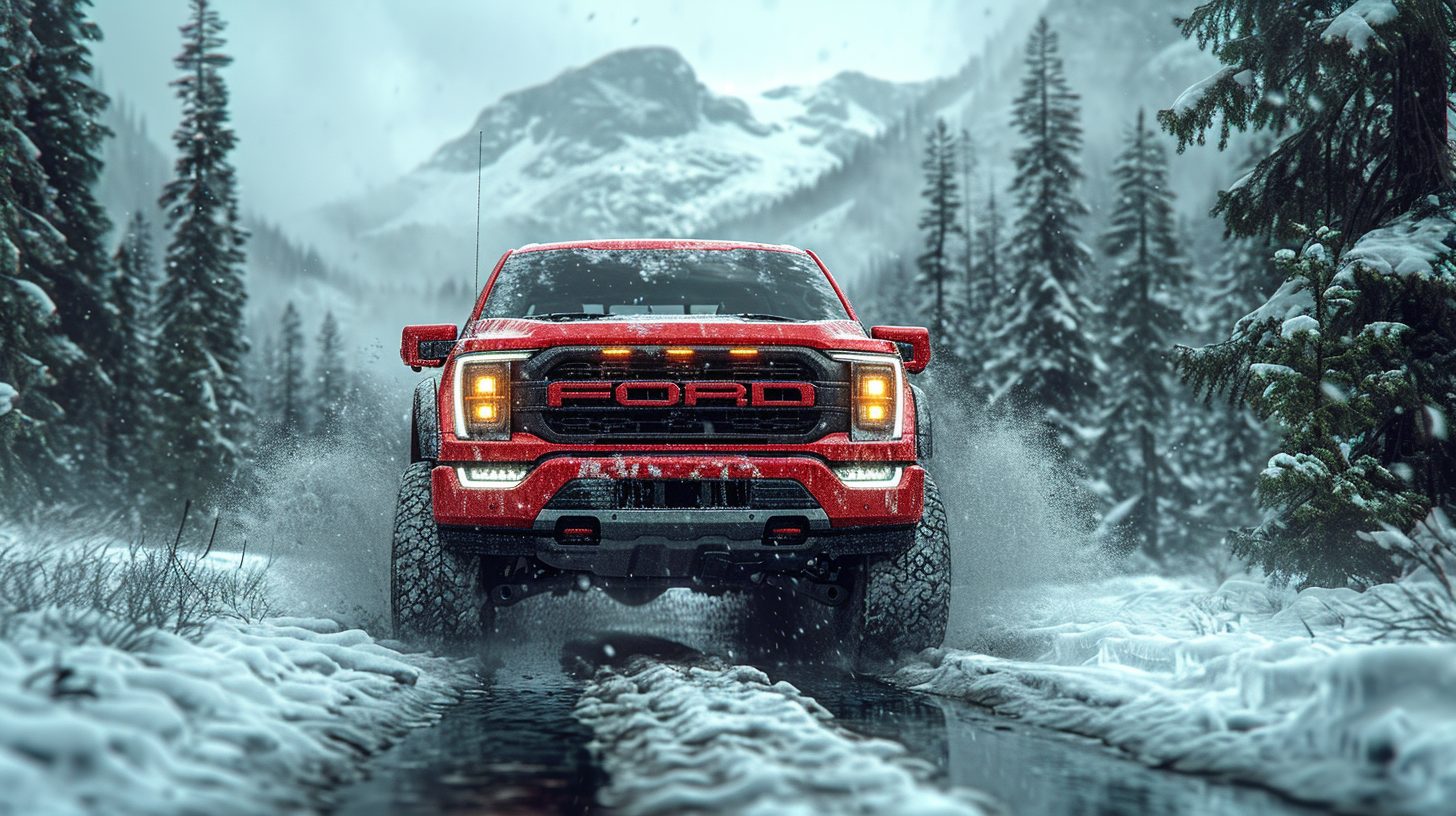 Driving in snow in the mountains with a red F-150