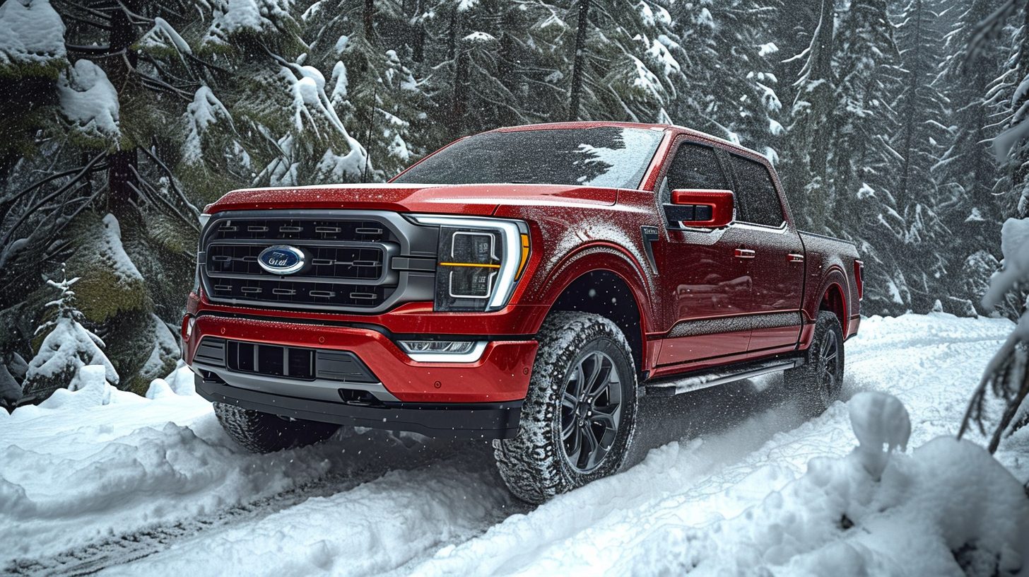 Heavy snow conditions in Grande Prairie, Winter Tires on a red 2021 F-150