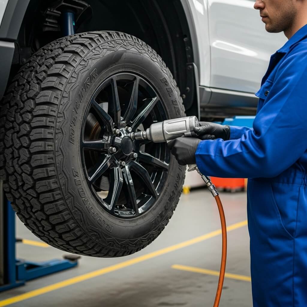 Close up of tires being installed