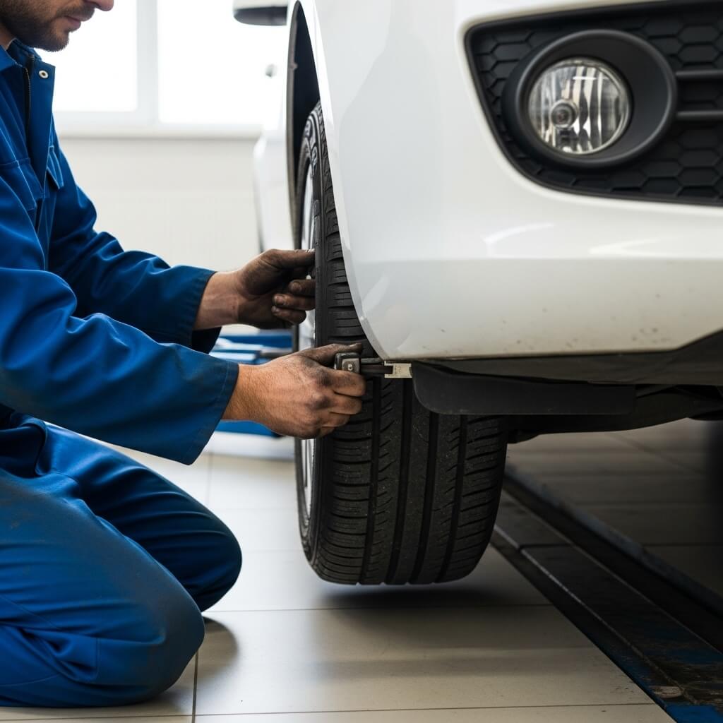 Mounting tires on white car