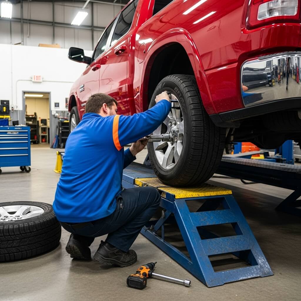 vehicle on hoist getting flat tire fixed (1)
